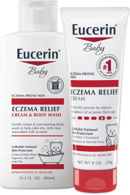 A bottle of Eucerin Baby Eczema Relief Cream & Wash next to a tube of Eucerin Baby Eczema Relief Cream